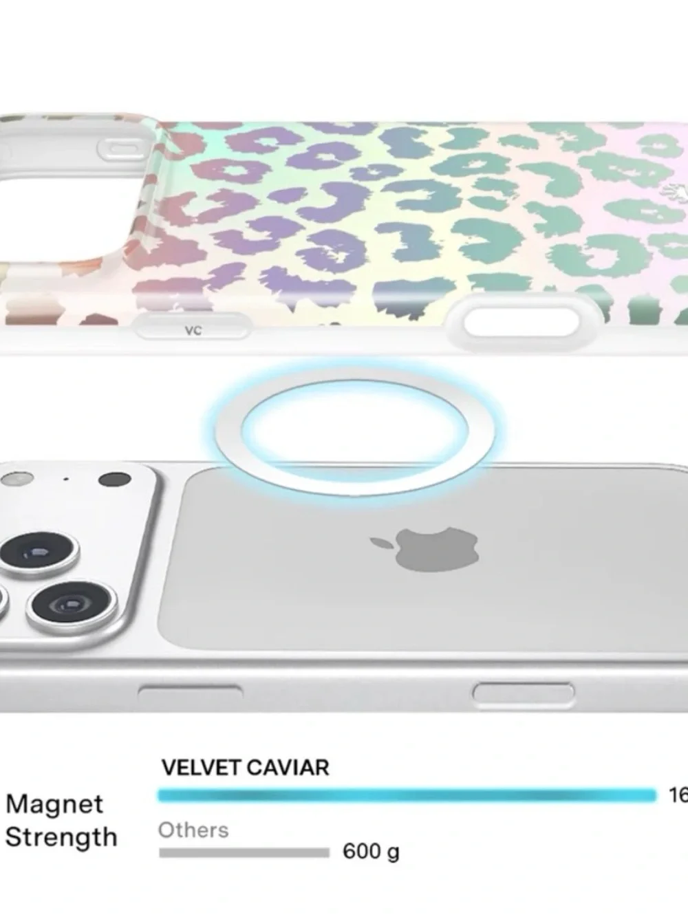 Velvet Caviar Holographic Leopard MagSafe Case in Iridescent Pastel